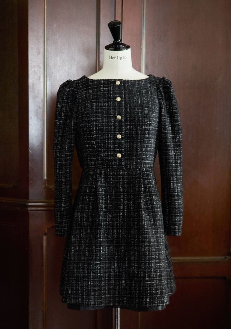 Herlipto ブラック ツイードミニワンピース