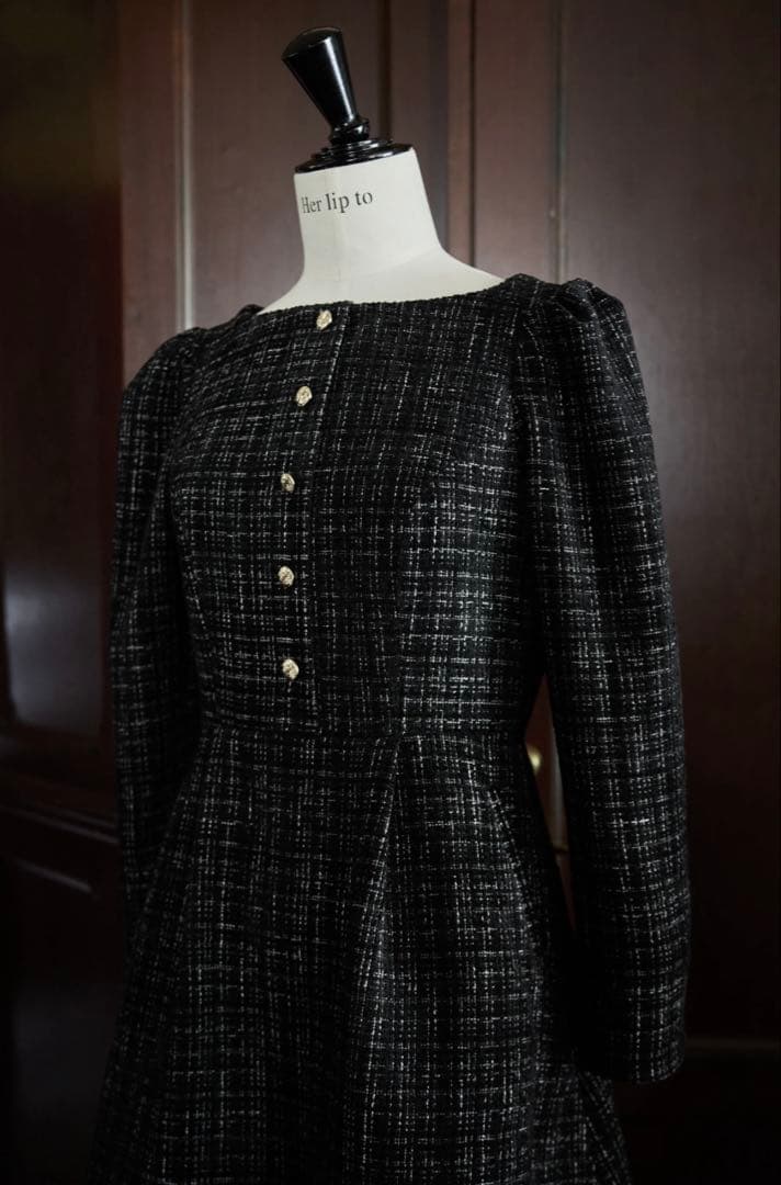 Herlipto ブラック ツイードミニワンピース