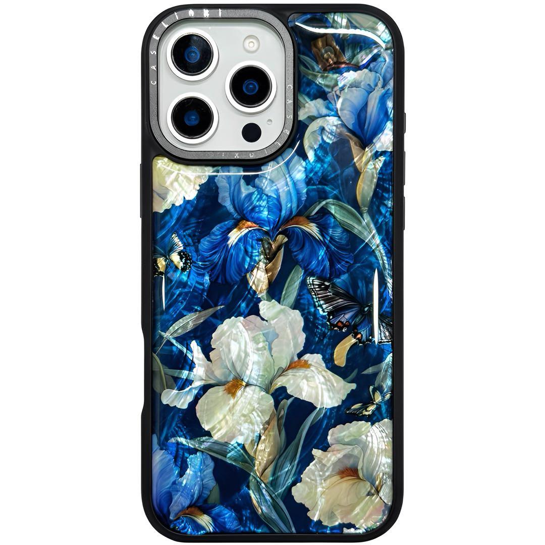 天然シェル♡キラキラ アイリス柄 ブルー オリジナルiPhoneケース フラワー