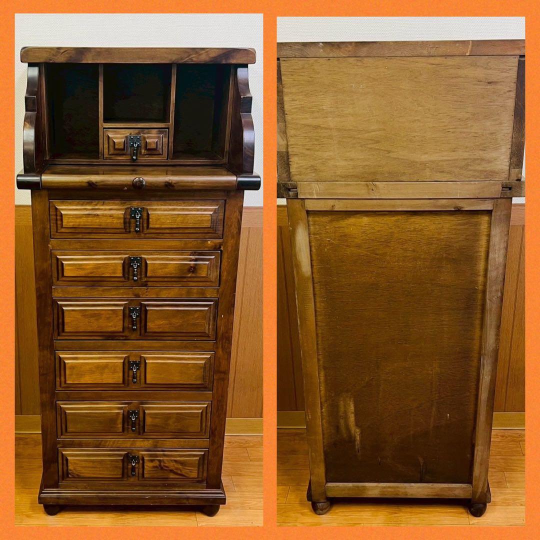 6段チェスト スライド式天板 ライティング アンティーク調 棚 アンティーク風