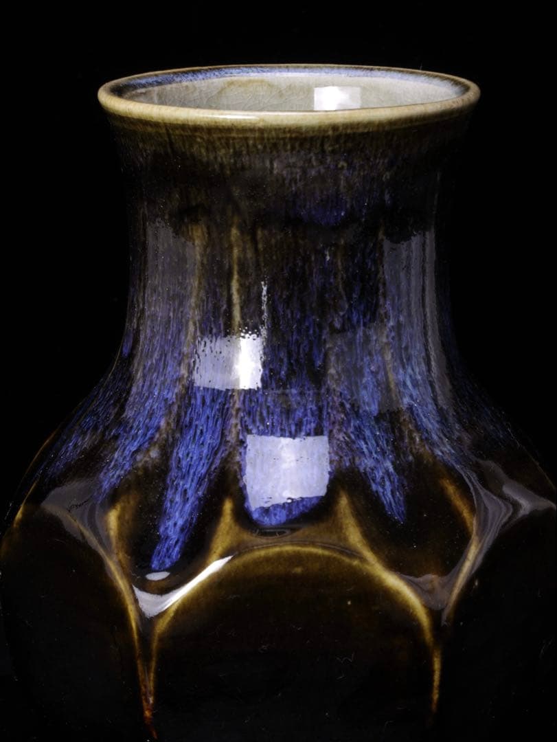 一宮窯 伊藤哲滋作『窯変面取 花瓶』共箱 真野山焼 花入 飾壺 日展会友 作家物