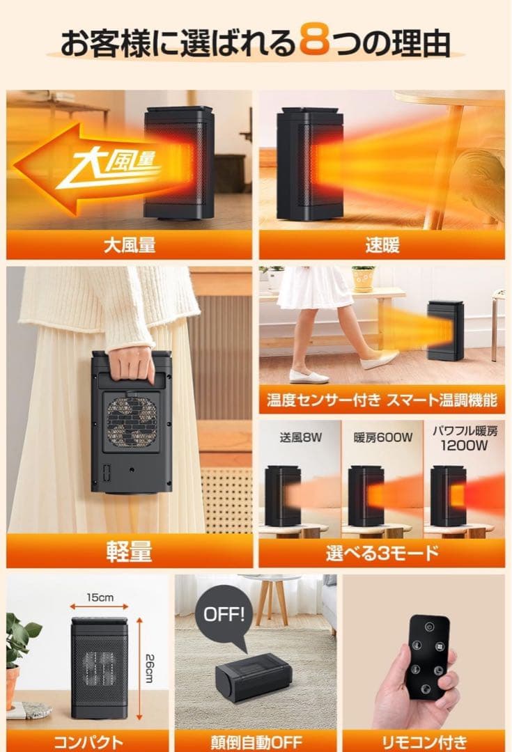 セラミックヒーター 小型 自動首振り 1200W リモコン付き