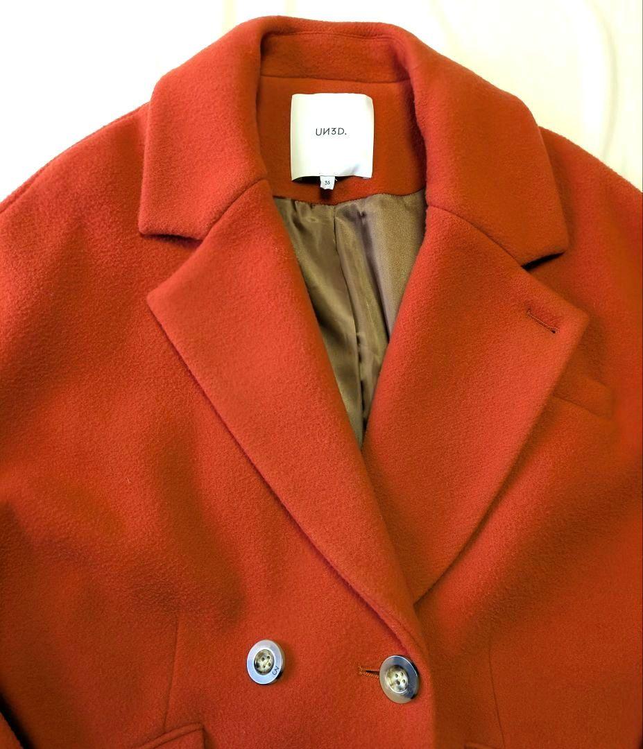 UN3D. ドルマンミドルウールコート ミドル丈 36 コクーン 朱赤 毛100
