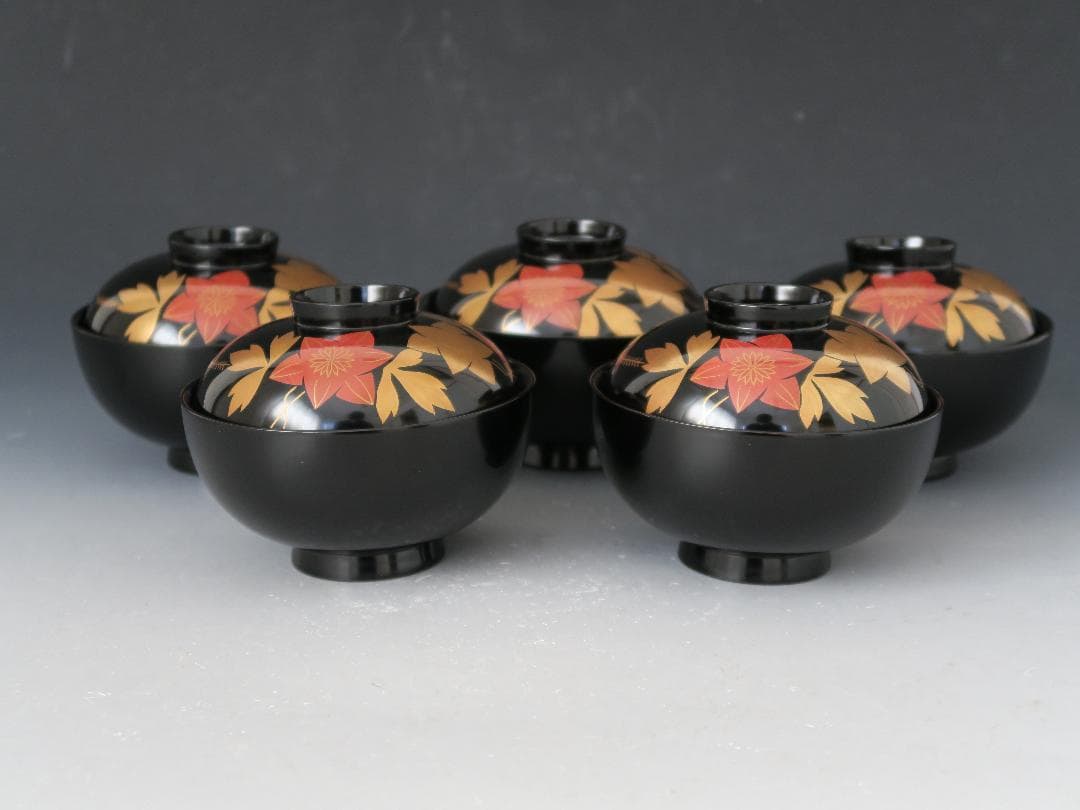 【輪島塗】鉄仙蒔絵 吸物椀 黒塗 見返し蒔絵 五客揃 天然木 共箱