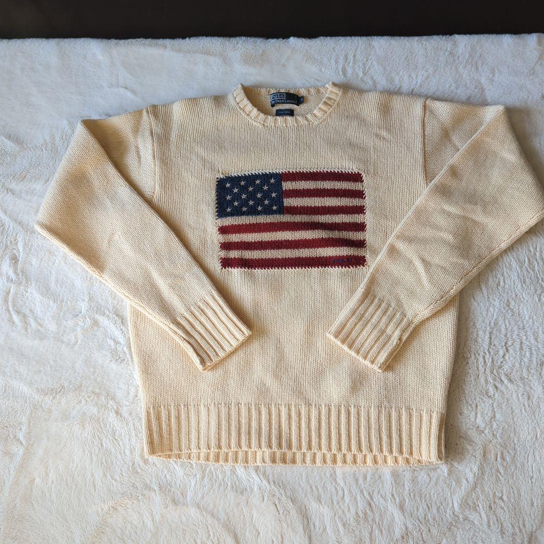ラルフローレン　ウール１００％　ニット　セーター　アイボリー　星条旗柄　美品