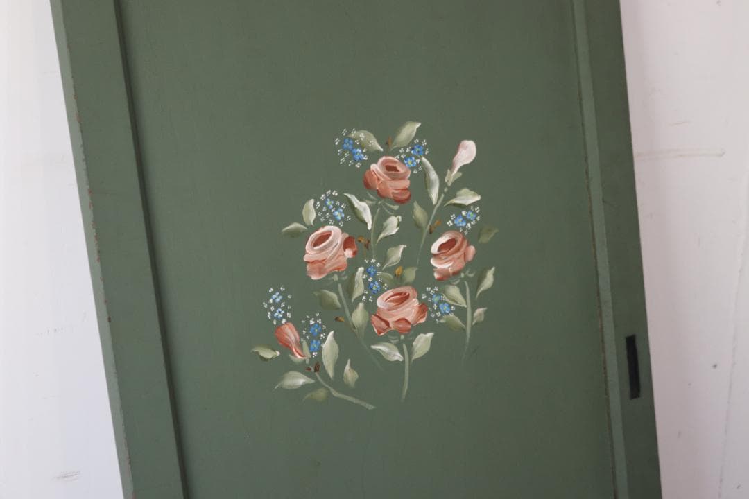 レトロ 建具 扉 引き戸 ドア ペイント 緑 花柄 木製 ヴィンテージ 1