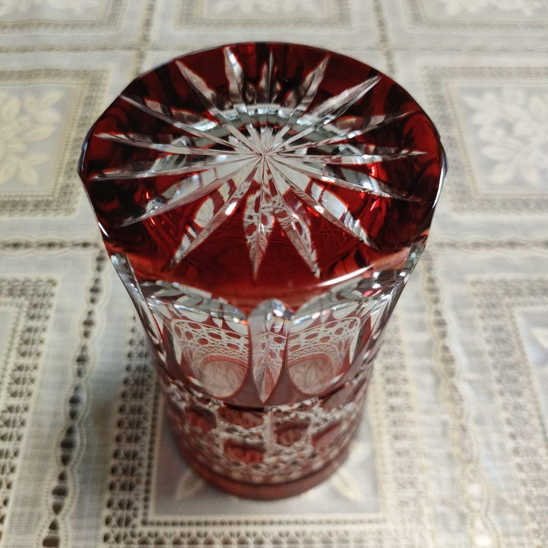 \"未使用\" ヤマザキガラス製　薩摩切子　南蛮赤　矢来　籠目　菊透かし紋様　水割り