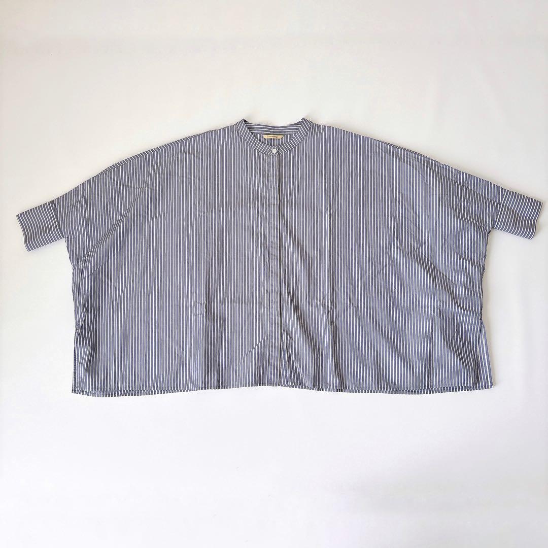 美品　カレンソロジー　オーバーサイズ　シャツブラウス　青×白　バンドカラー　F
