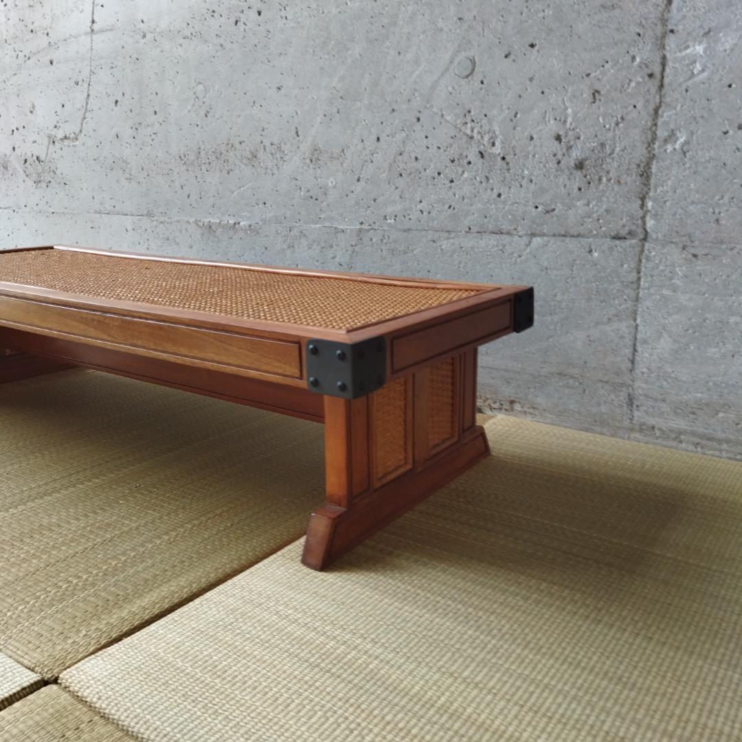 昭和レトロ ローテーブルセンターテーブル籐織りパネル付き ワークデスク 古家具