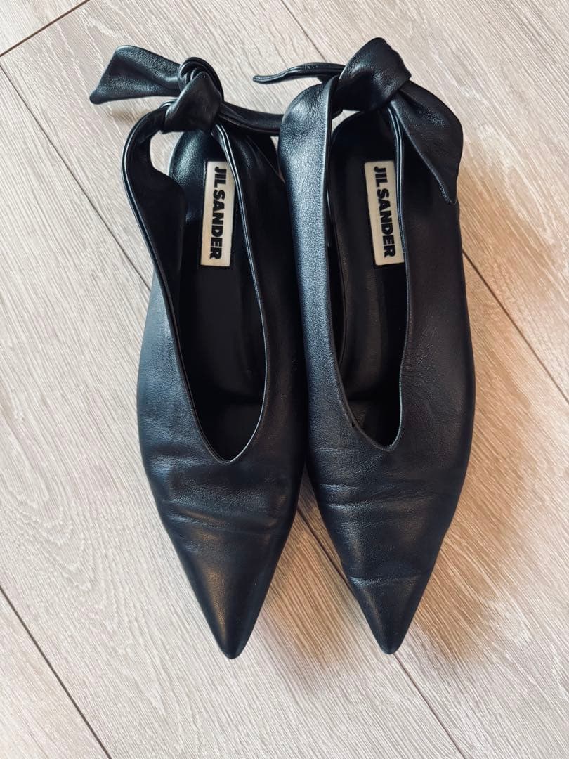 美品【JIL SANDER】ポインテッドトゥバックリボンフラットシューズ24cm