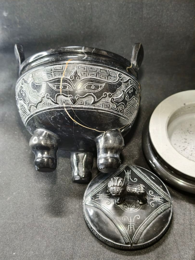 霊壁石香炉 中国名石 獅子摘み 共箱 手彫り置物 茶道具 旧家蔵出 未使用美品