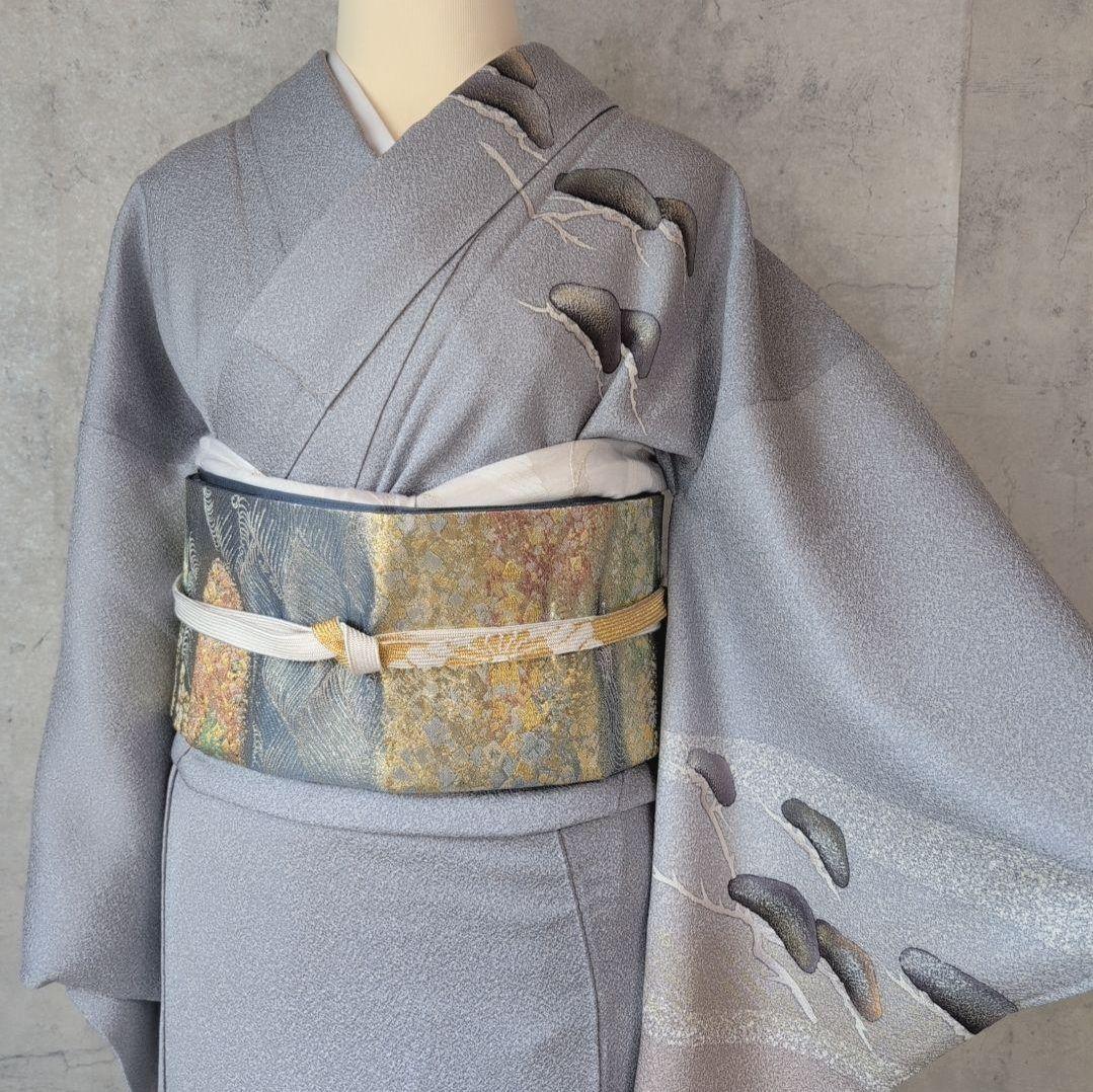 訪問着　フルセット　着物　正絹　グレーシルバー　松梅　寿　祝い事　O4r