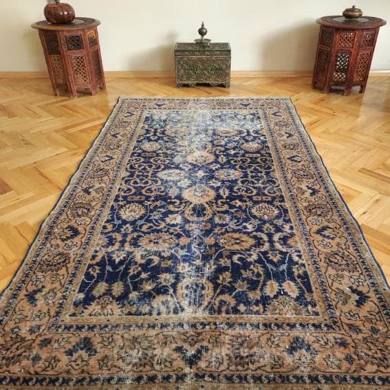 トルコ ヴィンテージラグ A30 レア ネイビー キャメル オレンジ ブルー