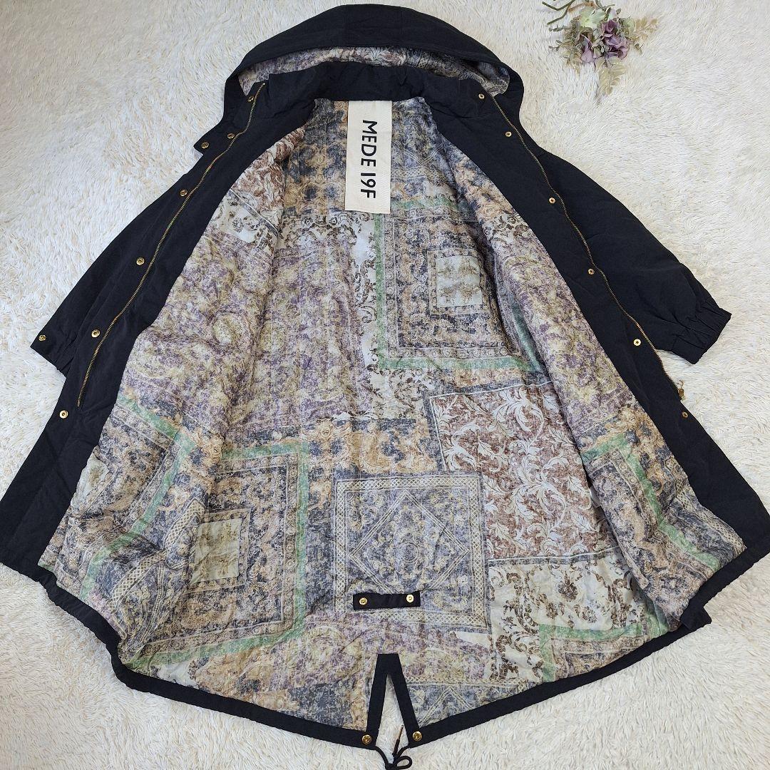 【極美品】メデジュウキュウ　リラックスモッズコート　 スカーフ柄裏地　黒　3