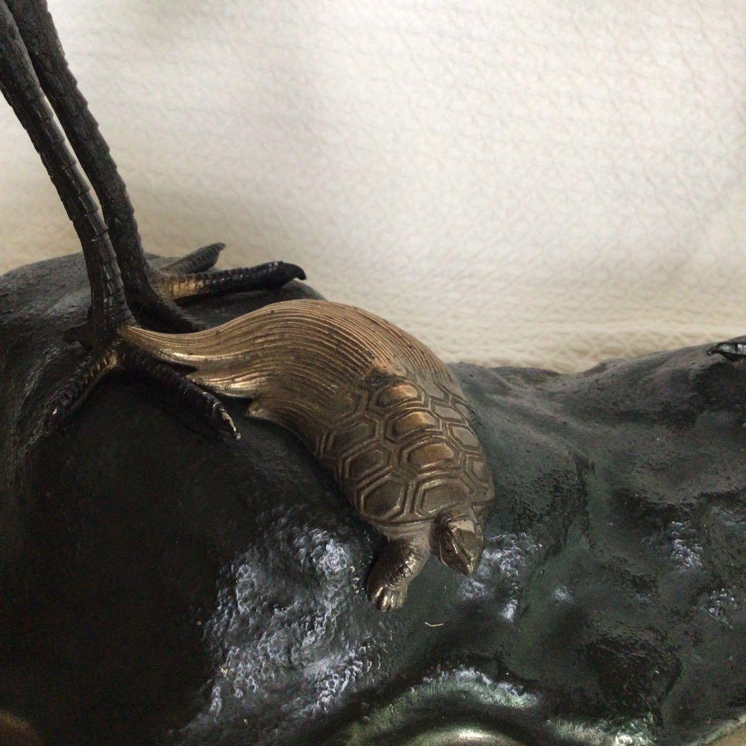 [美品]鶴亀置物　骨董品　縁起物　岩上に鶴亀　古銅色分け青銅　美術工芸品高岡銅器