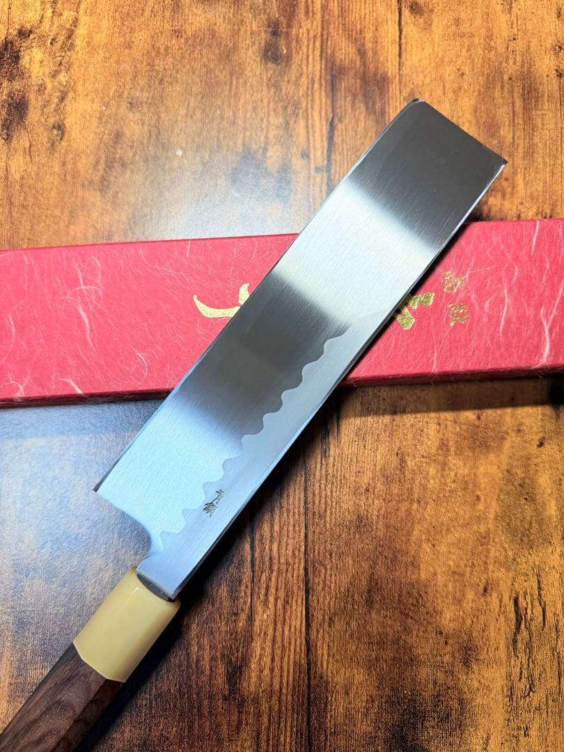 【堺刃物】　薄刃　包丁　7.5寸　青鋼　紋鍛　紫檀水牛八角柄