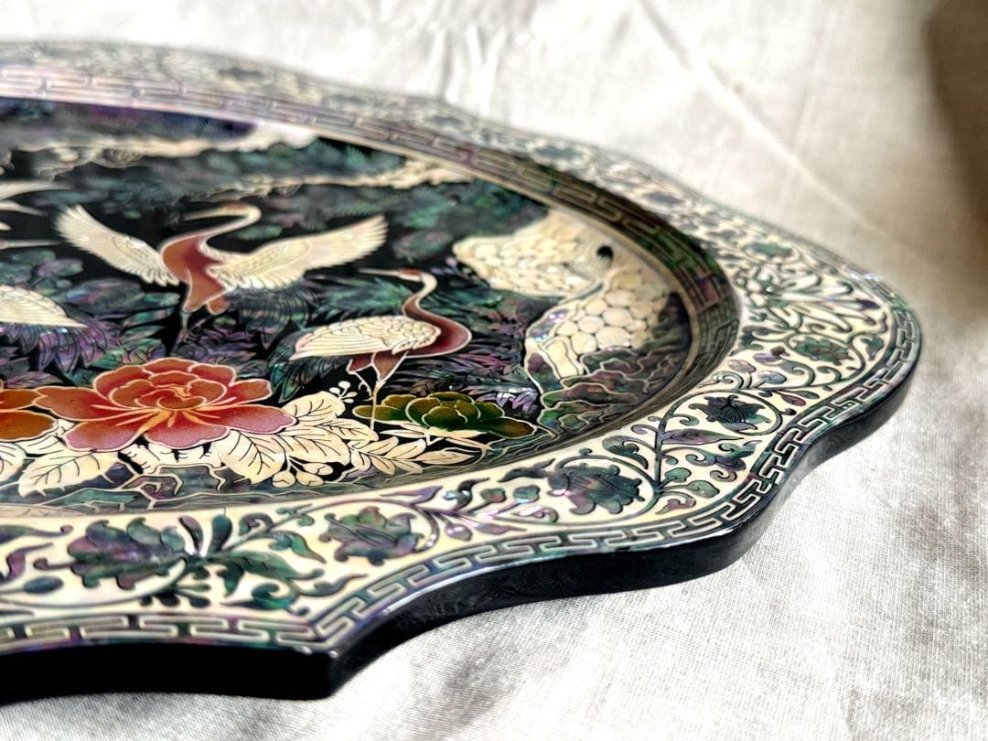 韓国製 螺鈿細工 飾り皿 桹材 金榮萬作 置物 シェル 工芸品 貝細工 トレー