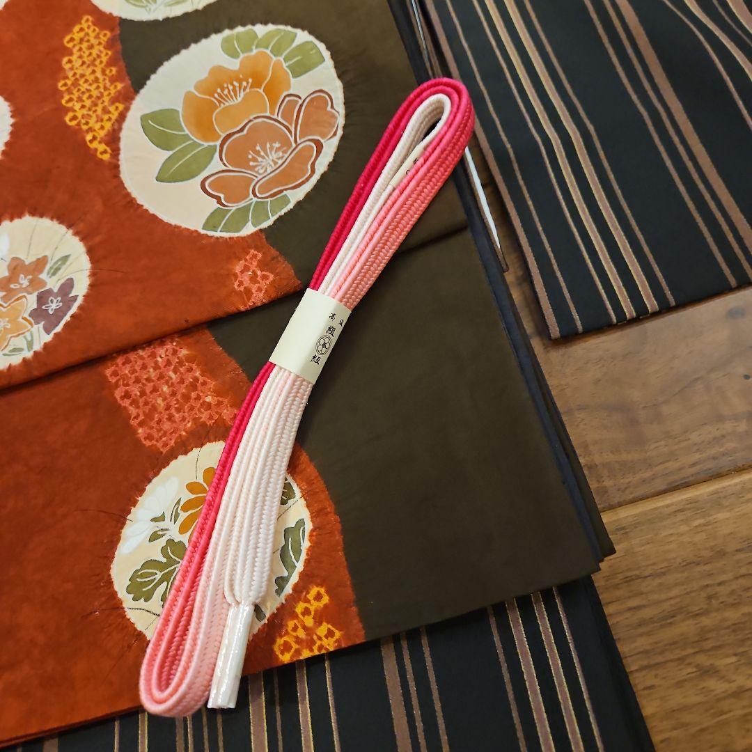 【美品】洗える小紋フルセット　袷　縞　幅広サイズ　正絹洒落袋帯