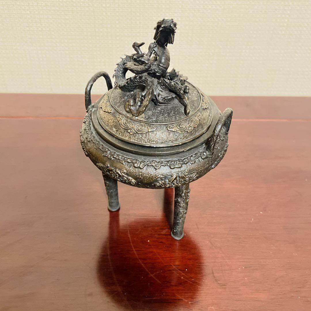 龍神 蓋付 三足香炉 銅器 昇龍 緻密細工 瑞雲 縁起物 香道具 骨董