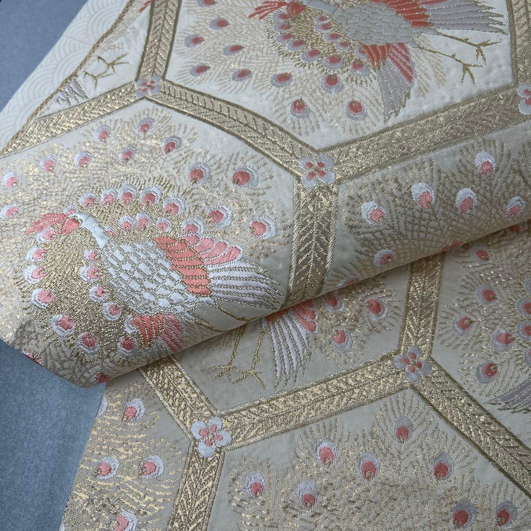 【純金箔錦 亀甲孔雀文】孔雀刺繍 六通柄袋帯 シルク製0105