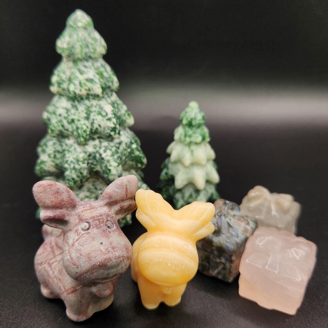 天然石【新品】クリスマス置物セット ツリー&トナカイ&プレゼントBOX★合計７点