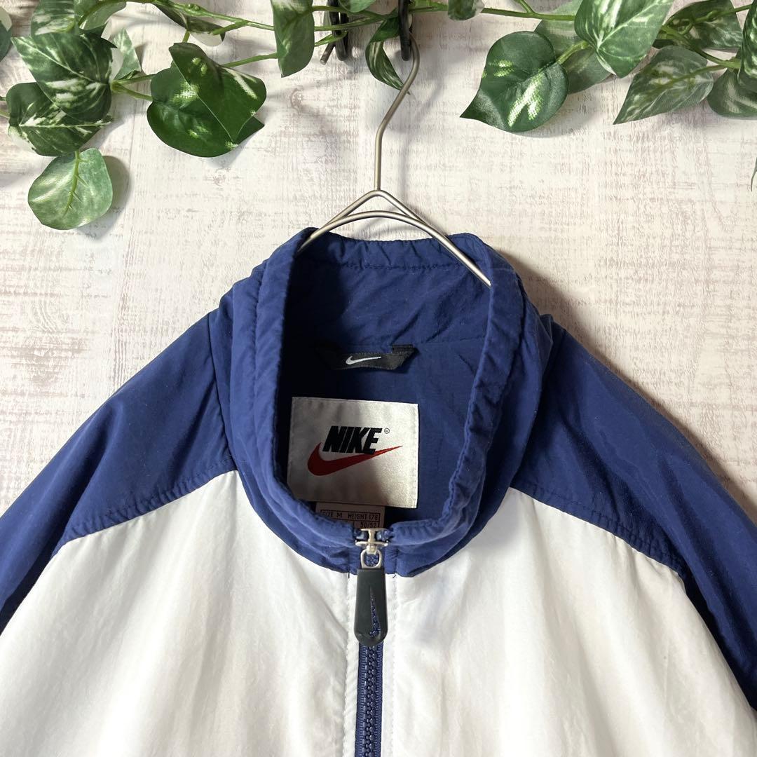 90s NIKE ナイキ ナイロンジャケット 銀タグ ビッグロゴ 紺白 刺繍 M