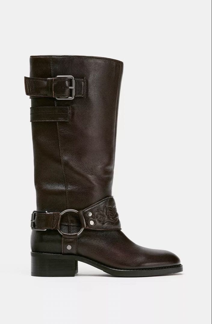 ダークブラウン レザー ロングブーツ　本革　Zara完売品