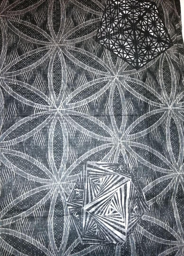 ★なおはる★サロン浴衣 縦絽 細密染 麻の葉柄 黒茶系