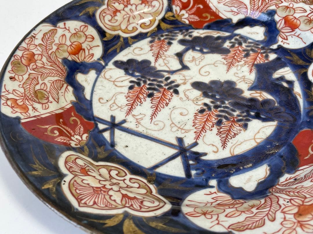 骨董　アンティーク　古伊万里　輸出伊万里　藤文様　藤棚　金襴手　色絵　丸皿　皿