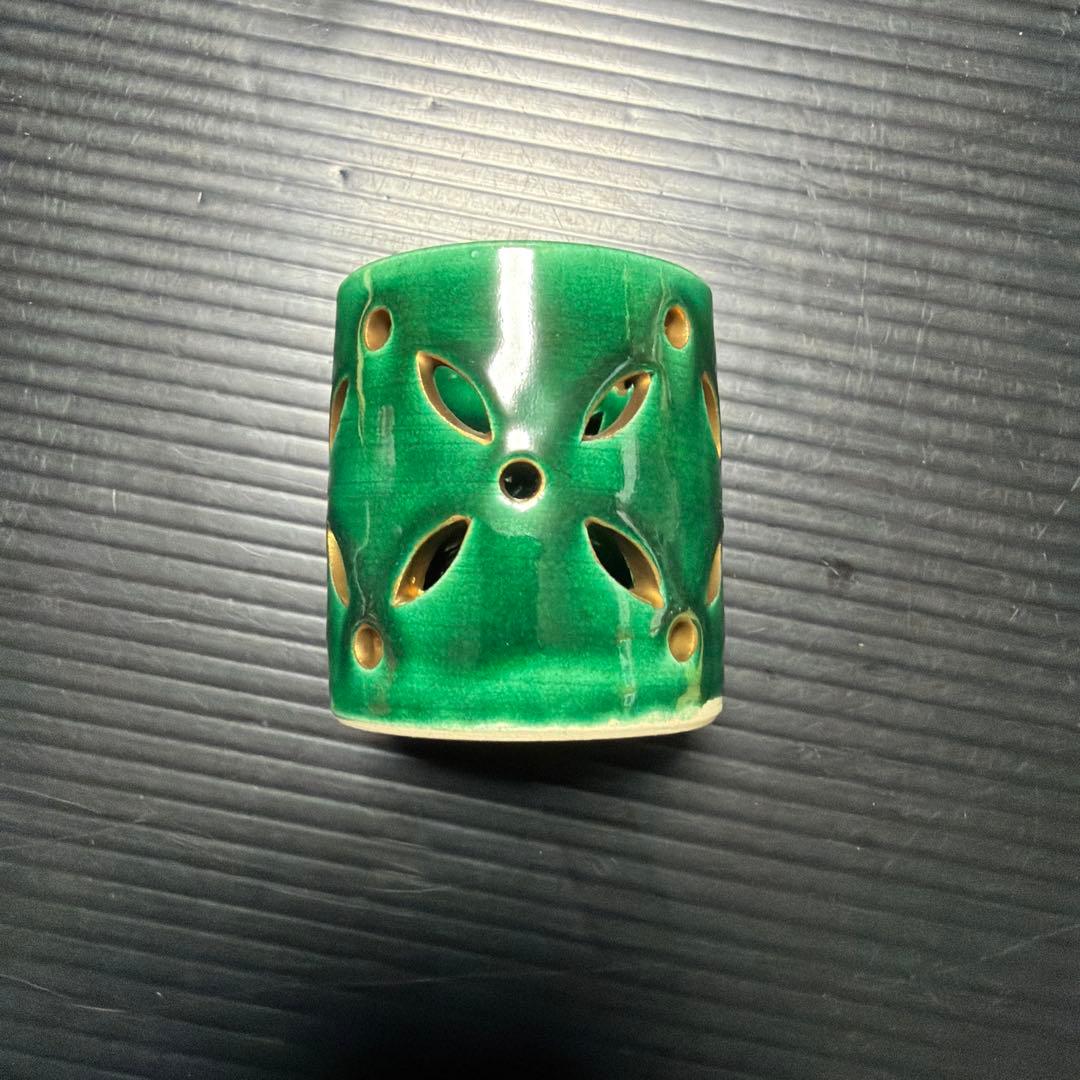 萬古焼 加賀瑞山造 青釉七宝透蓋置 茶道具 透かし彫り緑色陶器セット