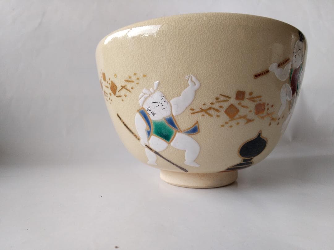 京焼 通次阿山 作 抹茶碗 『 仁清写 五条大橋 』共箱 茶碗 茶道具 美品
