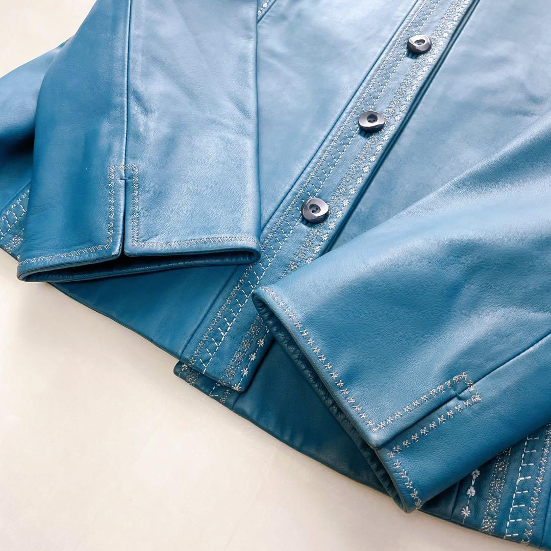 美品✨レリアン 羊革ジャケット 刺繍 13+ 大きいサイズ ブルー系