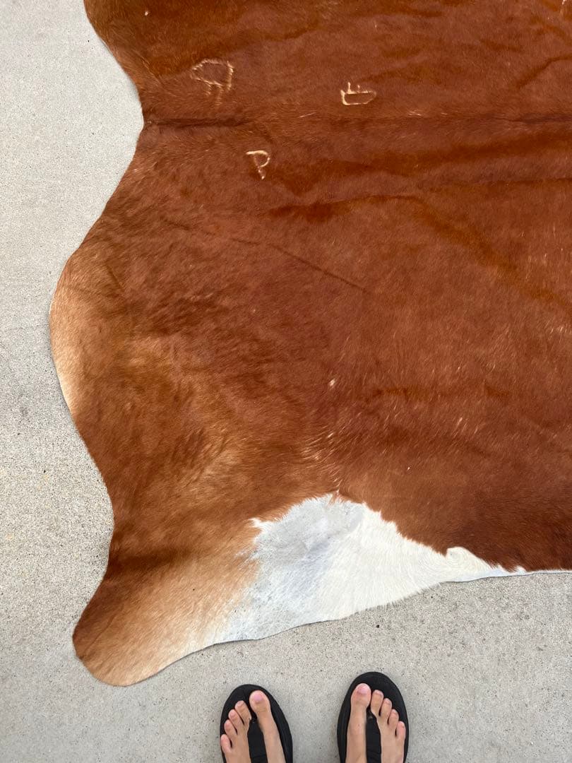 天然牛革ラグ 茶色と白の模様