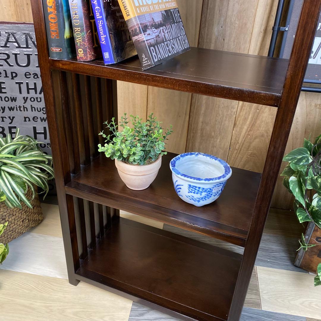 アジアンエスニック木製天然無垢材格子ラックシェルフ三段木製飾り棚和室和風