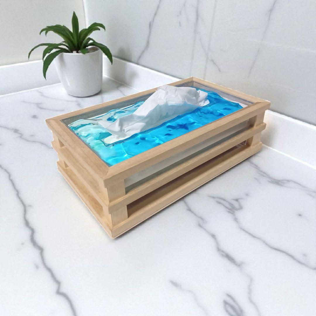 【1221】オーシャンアート　立体波紋　ウッドレジン　ティッシュケース　海雑貨