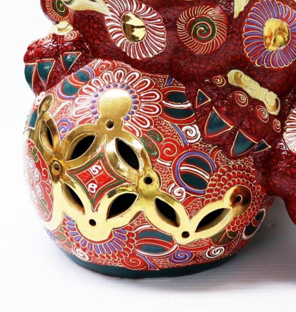 九谷焼 玉乗り獅子 双仙銘 開運 縁起置物 高さ約36cm 良好品 K6s147