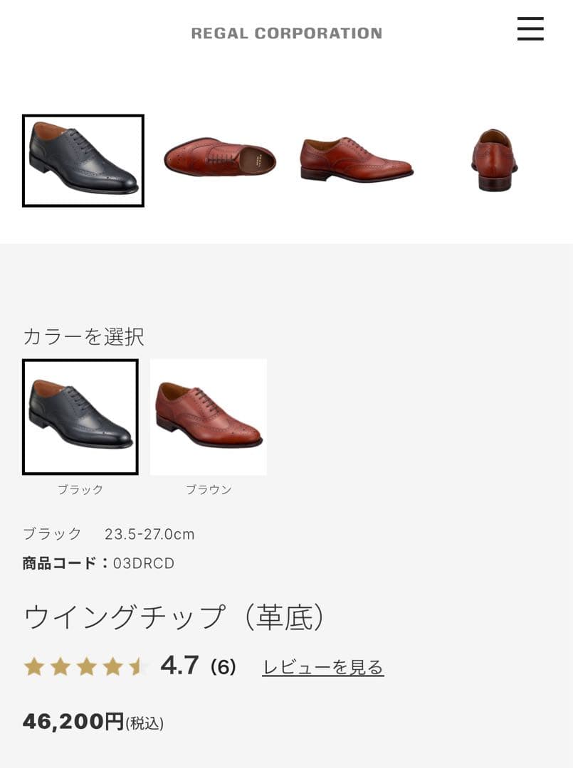 REGAL ウィングチップ 革靴 ブラック 25.5センチ