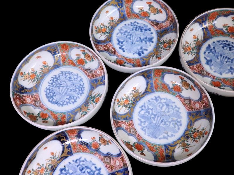 古伊万里　色絵　窓絵　菊に桔梗の図　膾皿　５客　C001AS-CWa