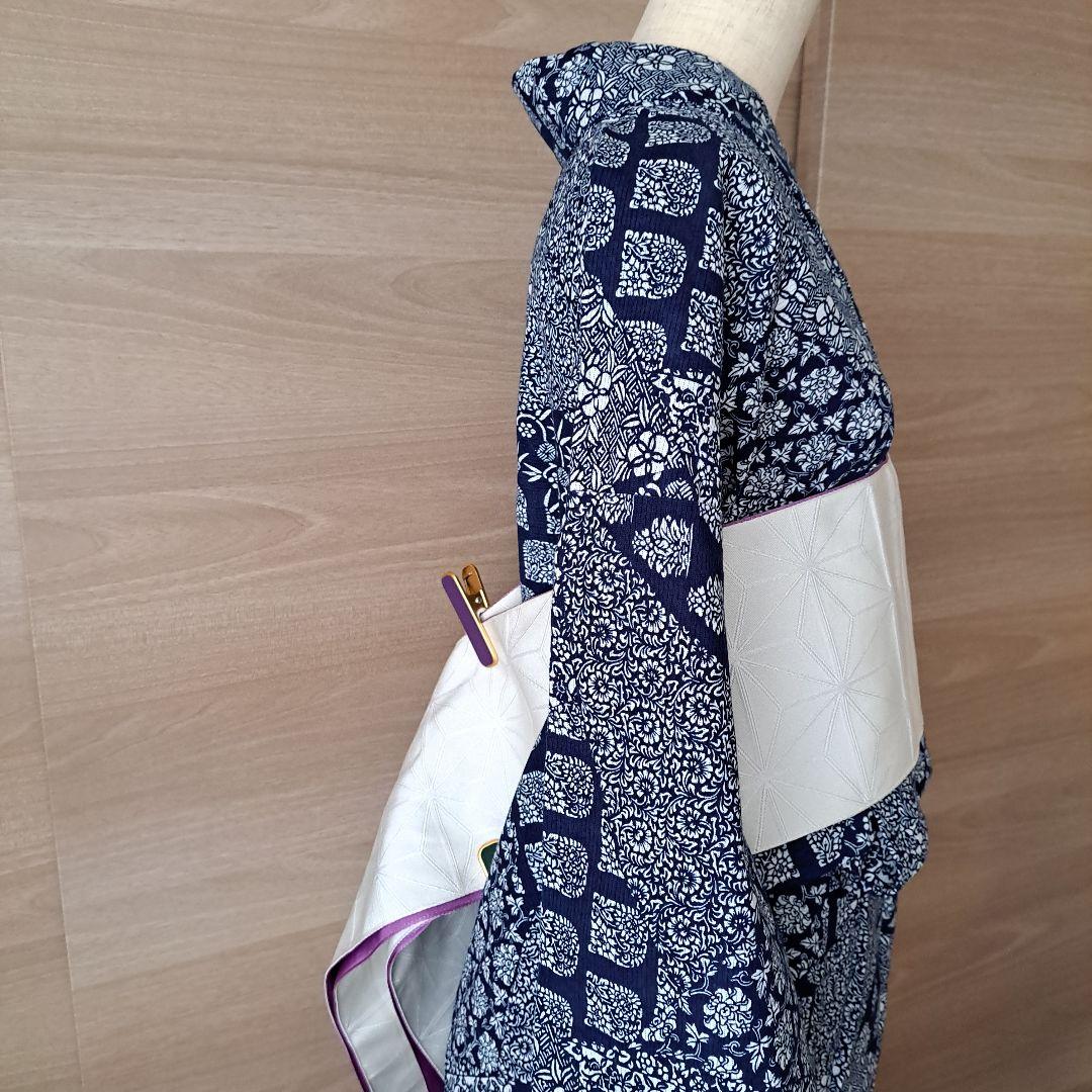 浴衣　藍染　長板中形　綿絽　バチ衿