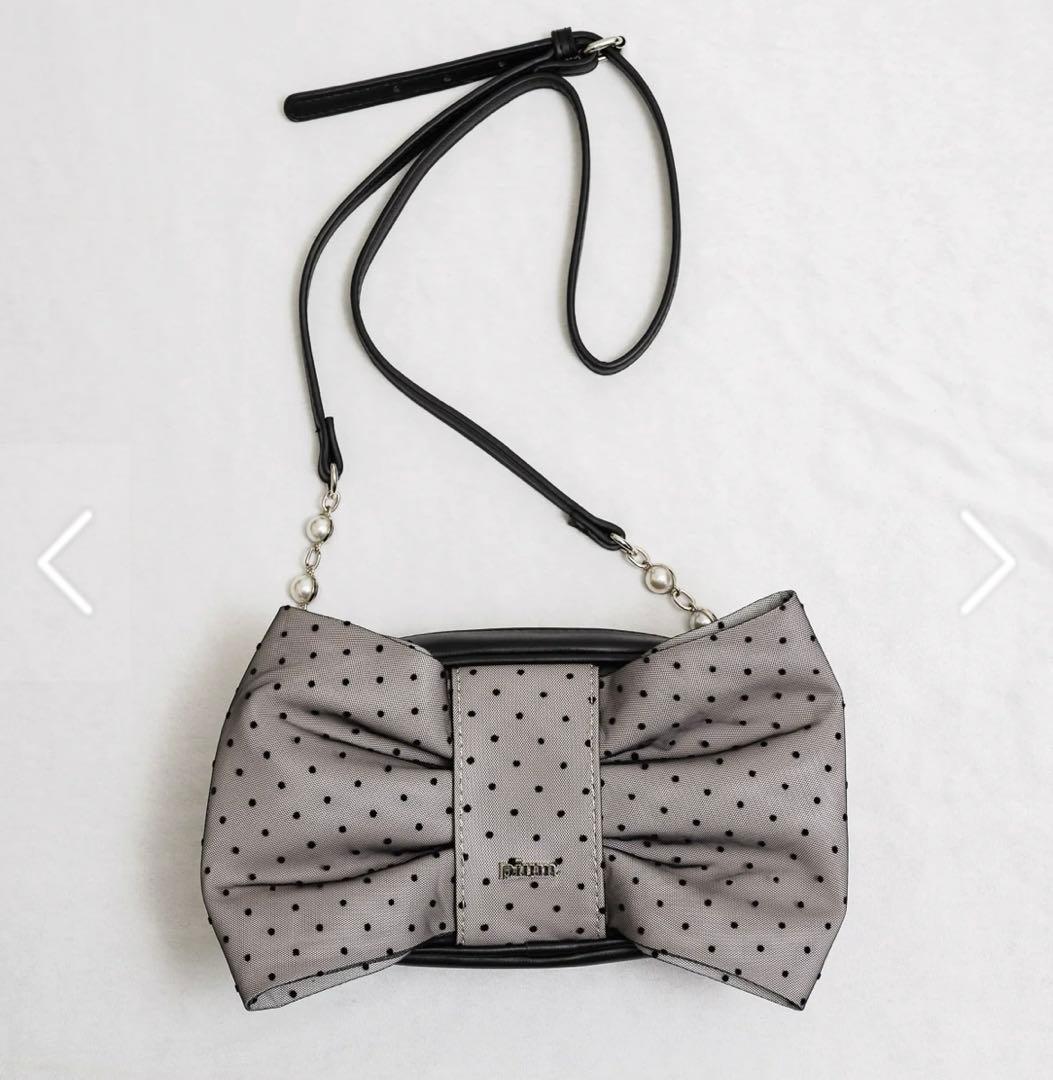 pium ドットチュールリボン2wayバッグ ピンク×ブラック