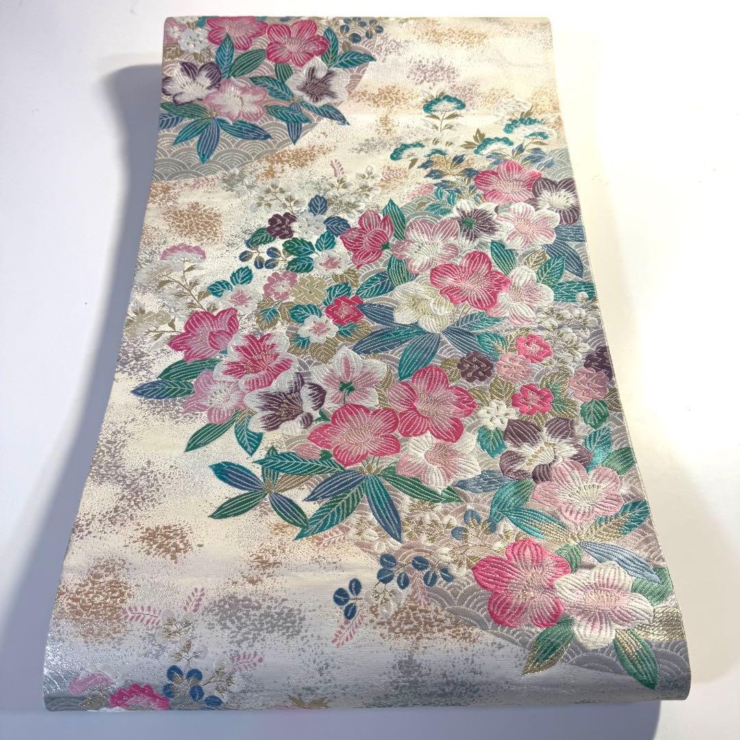 5k2413 袋帯　絹　本金箔　九百錦　白　銀色　ピンク　金色　緑　紫　青　花柄