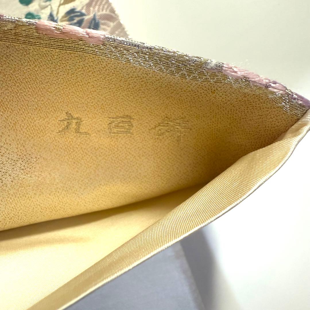 5k2413 袋帯　絹　本金箔　九百錦　白　銀色　ピンク　金色　緑　紫　青　花柄