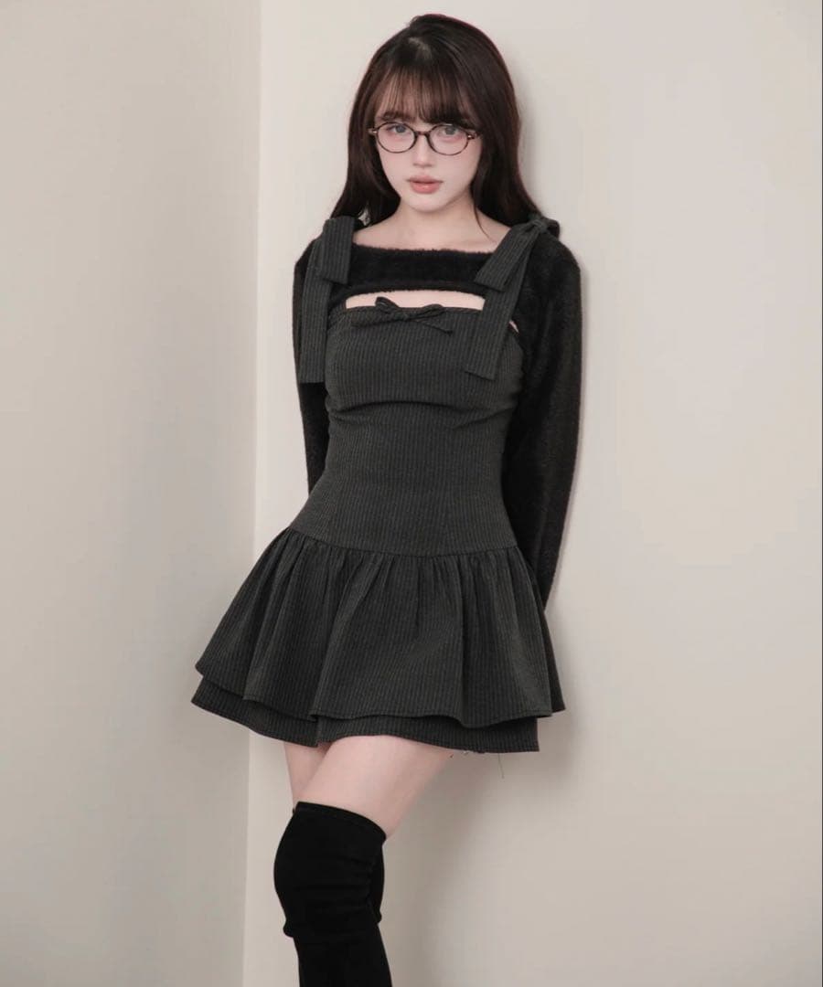 BunnyLis ふわもこボレロ×ストライプミニワンピセット ブラック S