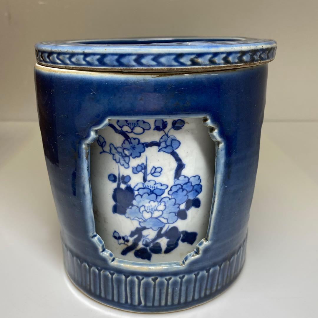 中国清時代　大清乾隆年製　瑠璃青花筆筒　木箱付　東Y7-0331☆2Fトニオ