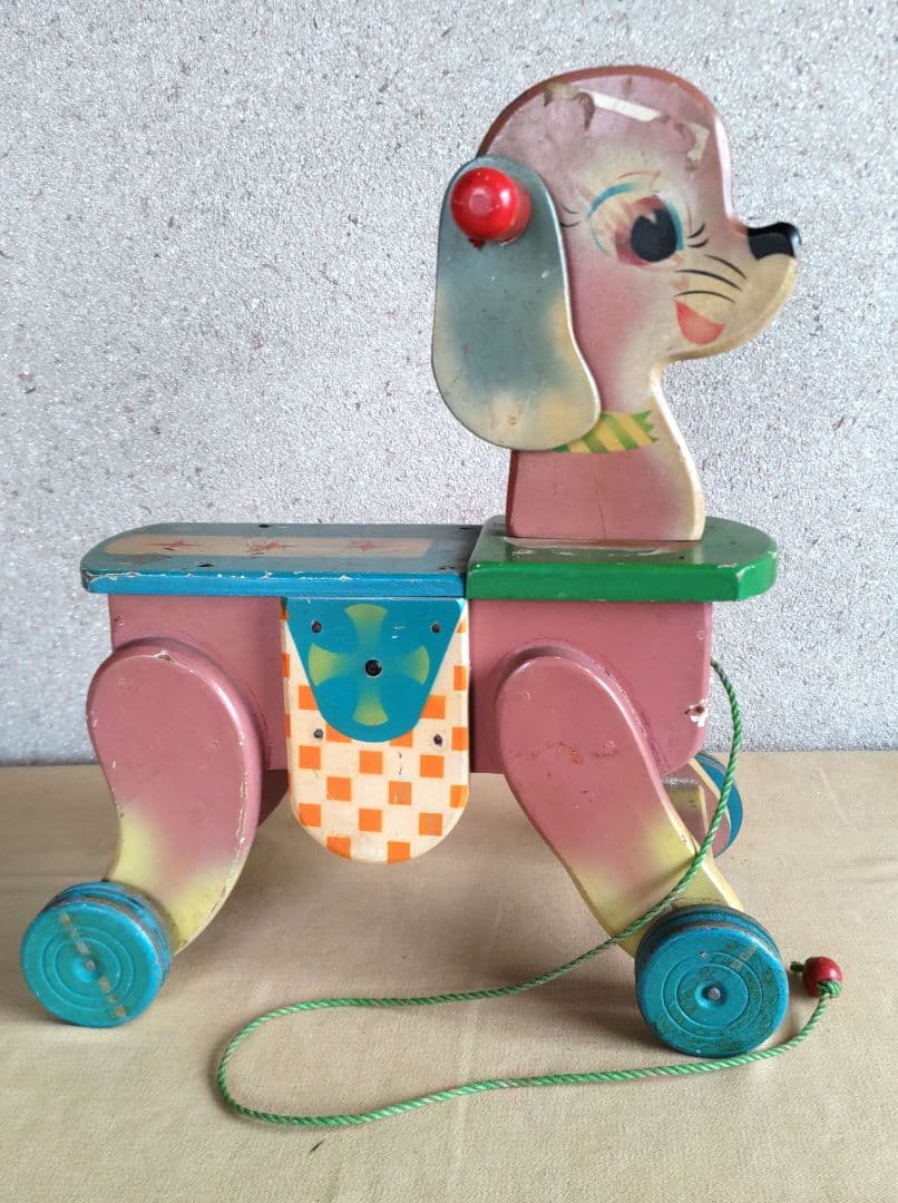 レトロ　木製玩具　犬手引き車