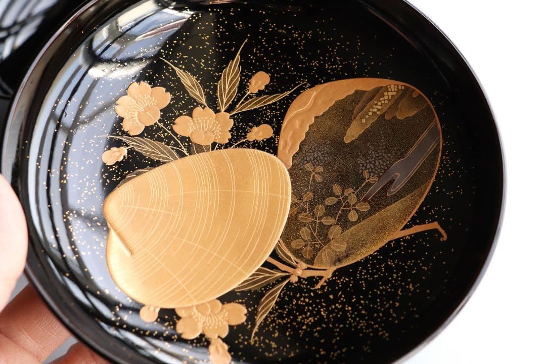 CL72 加賀蒔絵 貝合わせ蒔絵 黒塗椀 二客 蛤 桜 本金 梨地 木製漆器