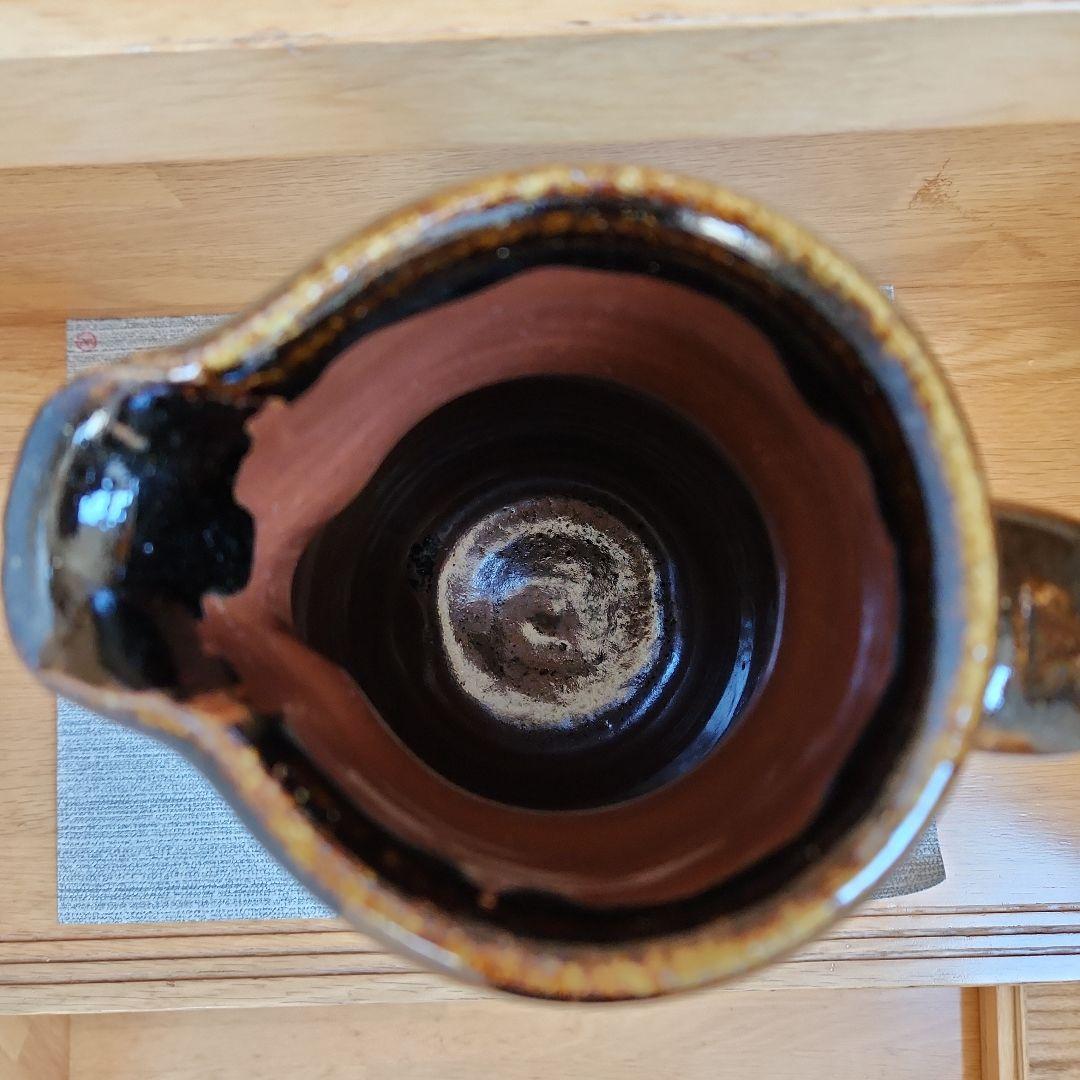 益子焼　村田元　柿黒釉 把手壺　木製箱付き 花器、ピッチャー