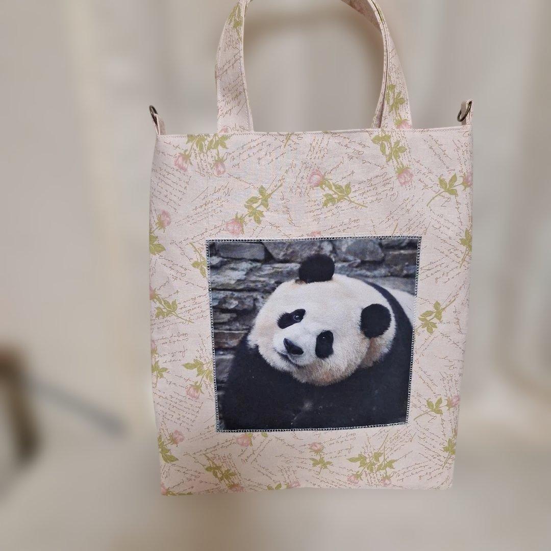 可愛いパンダパネル生地　ハンドメイド　まちなしバッグ　フラットポーチ