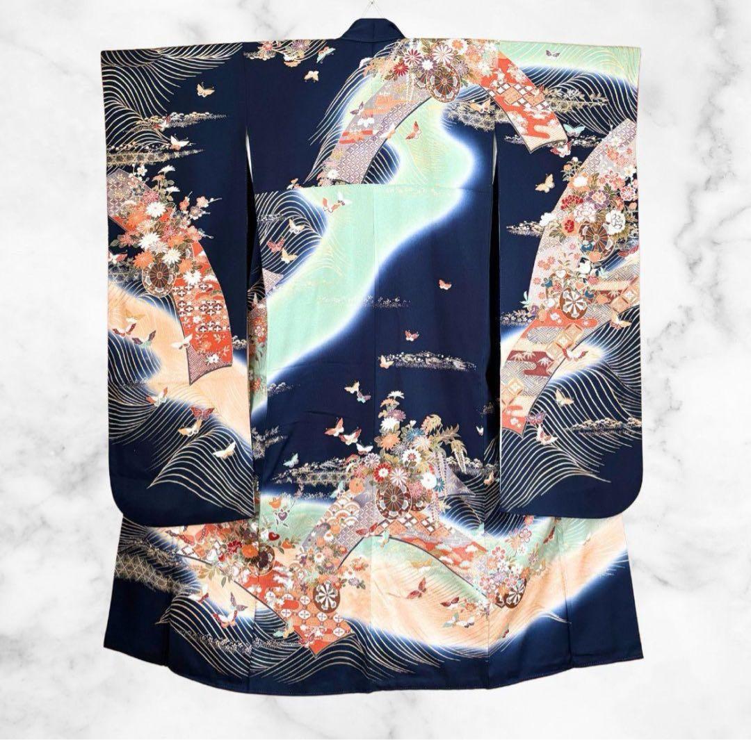 美品 振袖 フルセット 身丈155 正絹 刺繍衿 ネイビー 紺