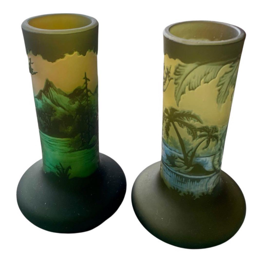 エミール・ガレ風 カメオガラス 花瓶 2点セット／風景文様（山と湖／海・椰子）